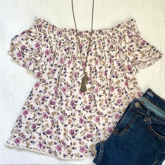 REWIND Cream Pink Purple Floral Off Shoulder Prairie Hippie Boho Top - Picture 3 of 9